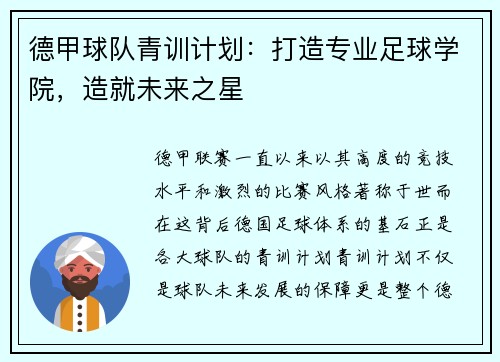 德甲球队青训计划：打造专业足球学院，造就未来之星