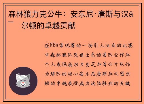 森林狼力克公牛：安东尼·唐斯与汉密尔顿的卓越贡献