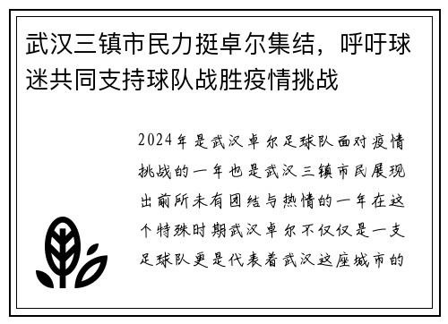 武汉三镇市民力挺卓尔集结，呼吁球迷共同支持球队战胜疫情挑战